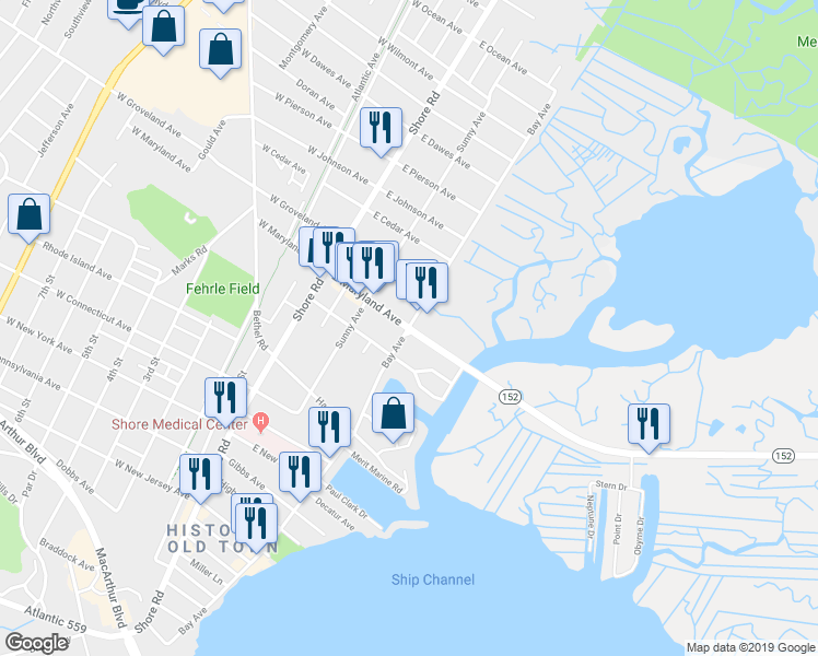 map of restaurants, bars, coffee shops, grocery stores, and more near 201 East Maryland Avenue in Somers Point