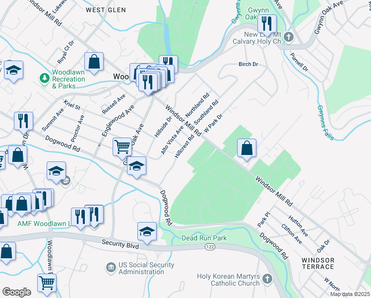 map of restaurants, bars, coffee shops, grocery stores, and more near 2001 Hillcrest Road in Baltimore