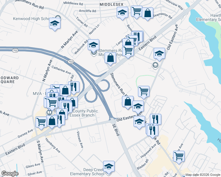 map of restaurants, bars, coffee shops, grocery stores, and more near 17 Cardinal Road in Essex