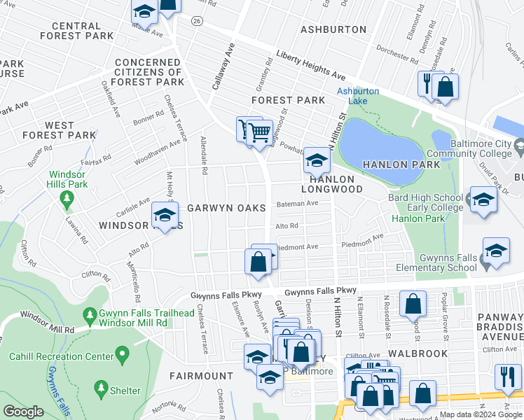 map of restaurants, bars, coffee shops, grocery stores, and more near 2608 Garrison Boulevard in Baltimore