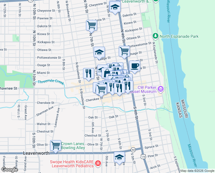 map of restaurants, bars, coffee shops, grocery stores, and more near 602 Delaware Street in Leavenworth
