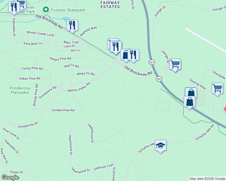 map of restaurants, bars, coffee shops, grocery stores, and more near 10240 Columbine Road in Truckee