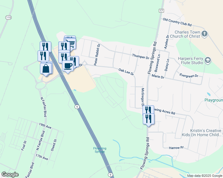map of restaurants, bars, coffee shops, grocery stores, and more near 118 Coolidge Avenue in Ranson