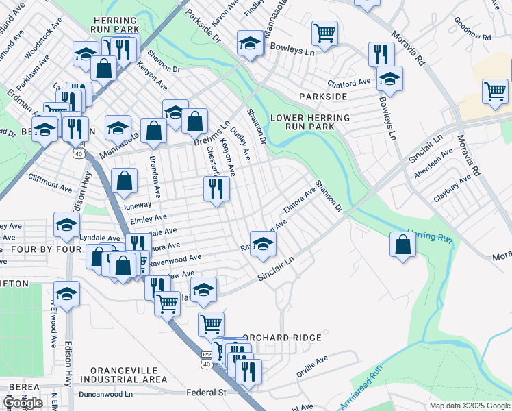 map of restaurants, bars, coffee shops, grocery stores, and more near 3685 Dudley Avenue in Baltimore