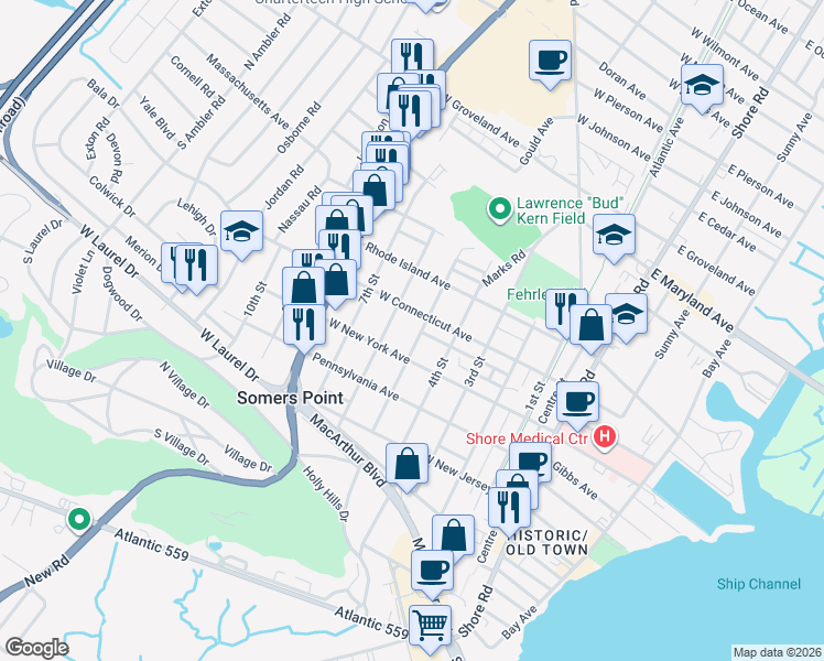 map of restaurants, bars, coffee shops, grocery stores, and more near 657 5th Street in Somers Point