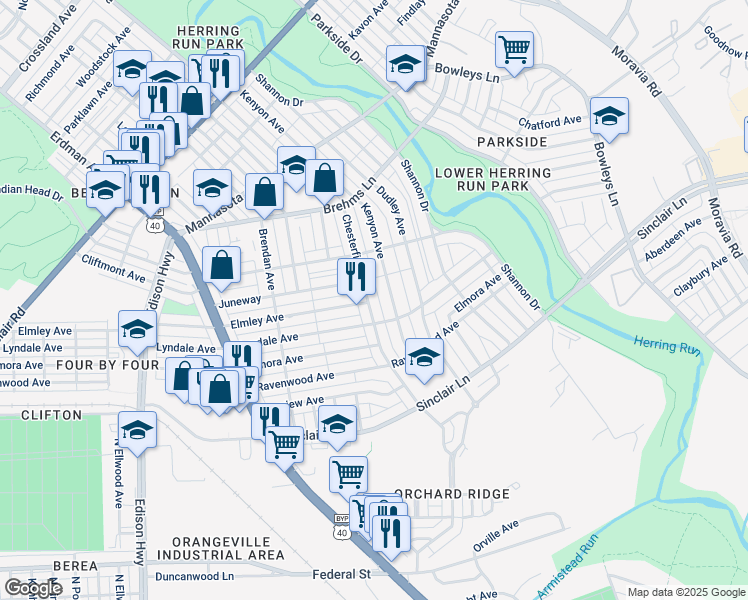 map of restaurants, bars, coffee shops, grocery stores, and more near 3654 Chesterfield Avenue in Baltimore
