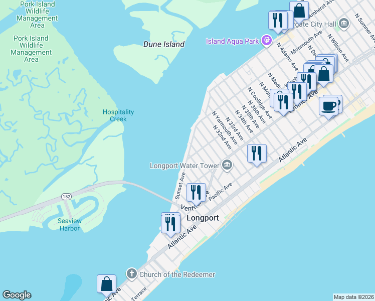 map of restaurants, bars, coffee shops, grocery stores, and more near 2945 Sunset Avenue in Longport