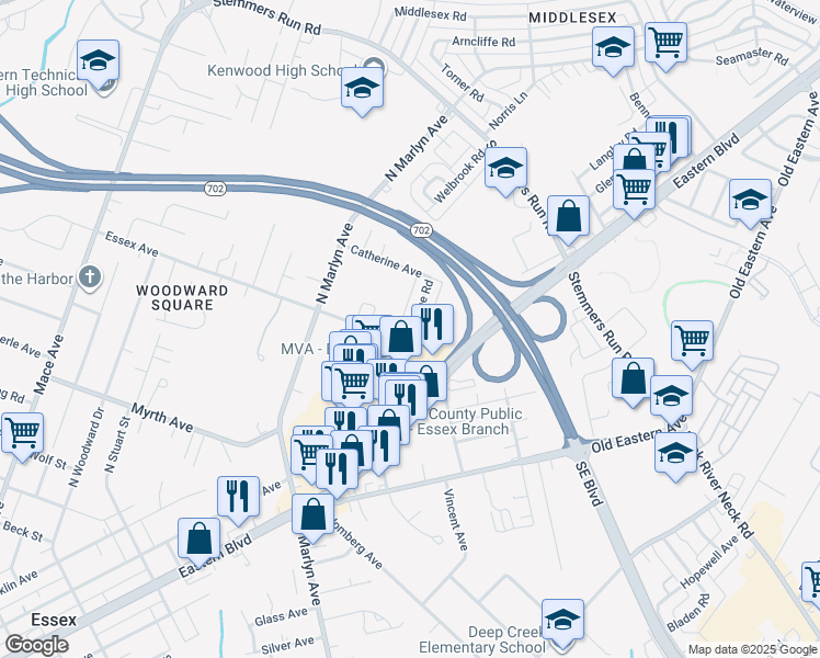 map of restaurants, bars, coffee shops, grocery stores, and more near 316 Leeanne Road in Essex