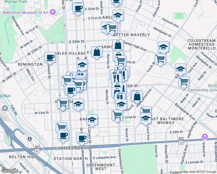 map of restaurants, bars, coffee shops, grocery stores, and more near East 25th Street & Barclay Street in Baltimore