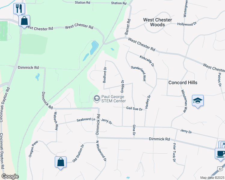 map of restaurants, bars, coffee shops, grocery stores, and more near 9392 Patti Circle in Butler County