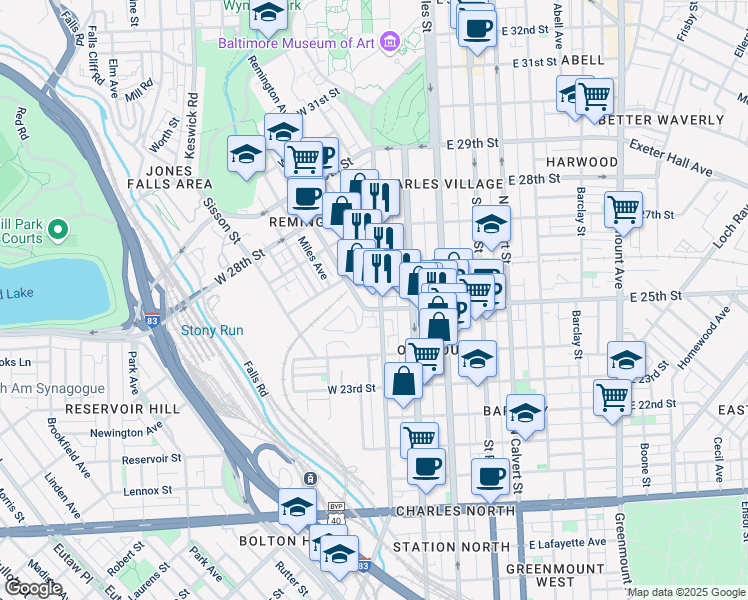 map of restaurants, bars, coffee shops, grocery stores, and more near 2500 North Howard Street in Baltimore