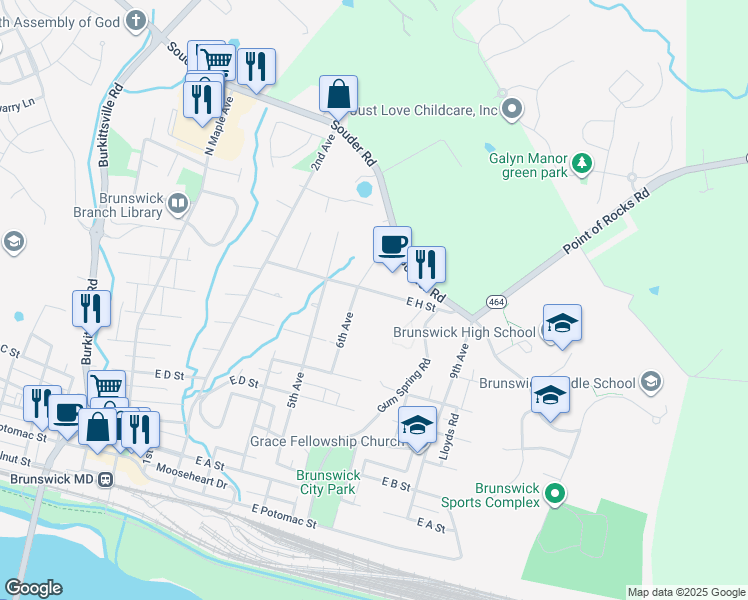 map of restaurants, bars, coffee shops, grocery stores, and more near 604 East H Street in Brunswick