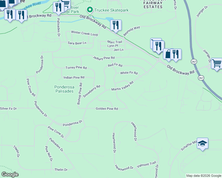 map of restaurants, bars, coffee shops, grocery stores, and more near 10438 Martis Valley Road in Truckee