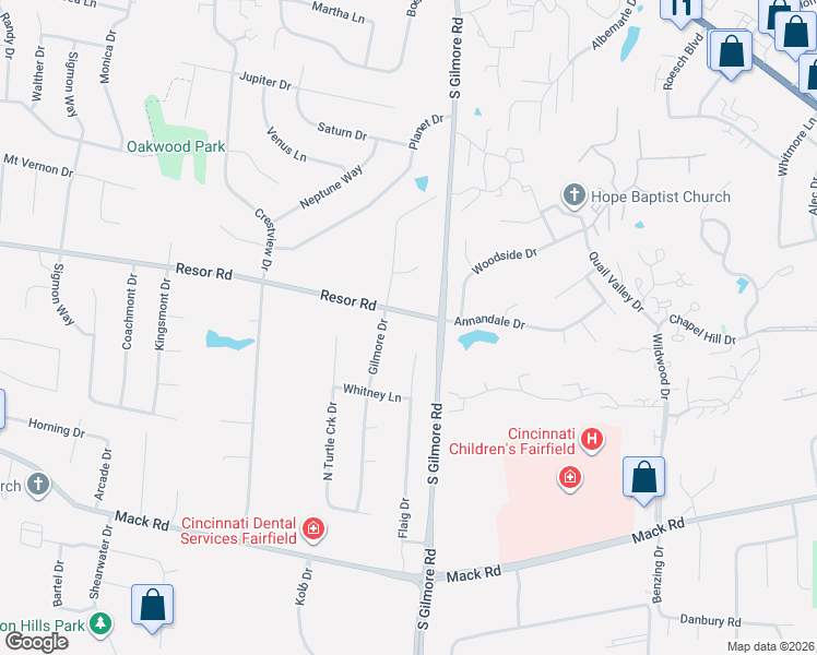 map of restaurants, bars, coffee shops, grocery stores, and more near 2913 Resor Road in Fairfield