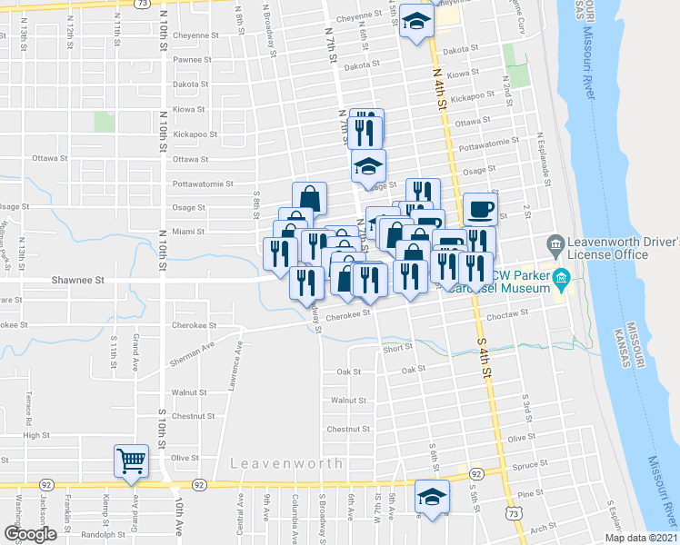 map of restaurants, bars, coffee shops, grocery stores, and more near 729 Shawnee Street in Leavenworth