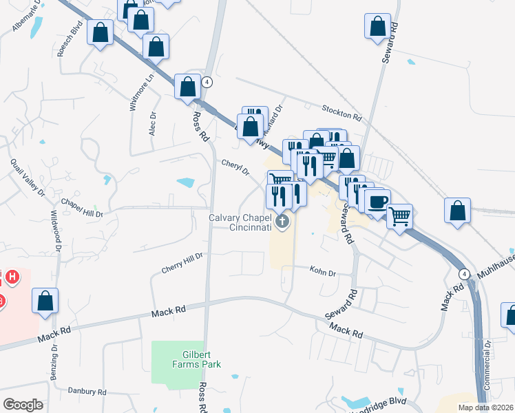map of restaurants, bars, coffee shops, grocery stores, and more near 5901 Kay Dr in Fairfield