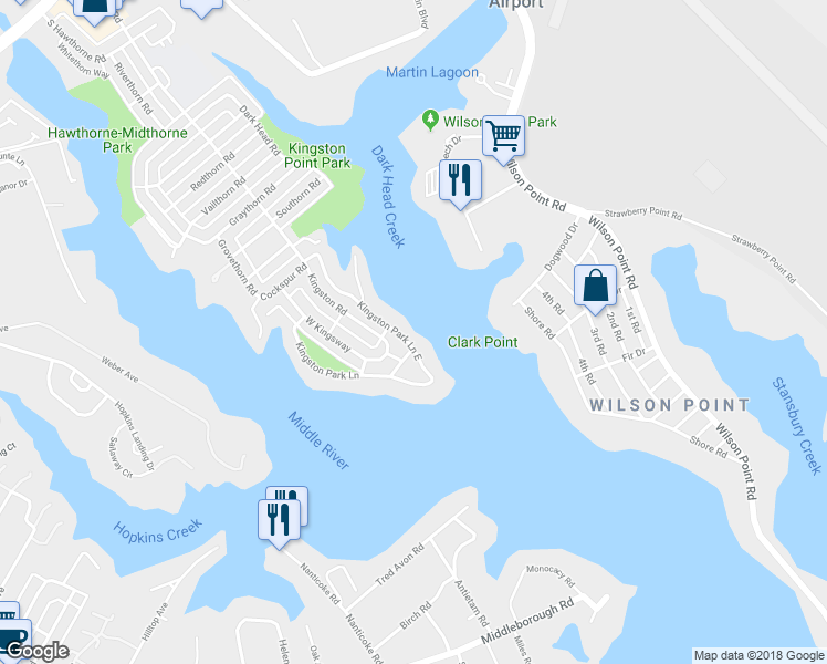 map of restaurants, bars, coffee shops, grocery stores, and more near 144 Kingston Park Lane East in Middle River