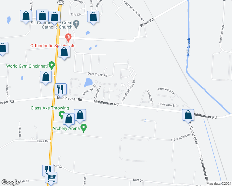 map of restaurants, bars, coffee shops, grocery stores, and more near 5060 Queenswood Court in Butler County