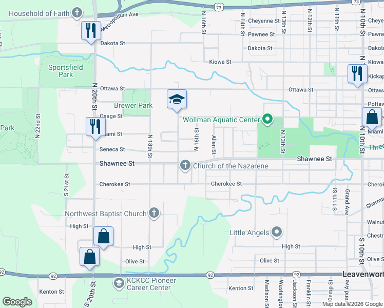 map of restaurants, bars, coffee shops, grocery stores, and more near 1605 Terry Street in Leavenworth