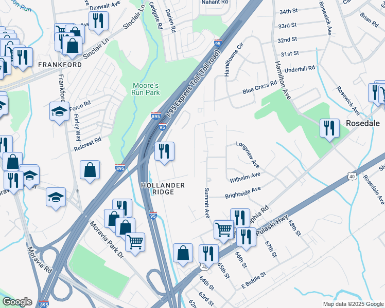 map of restaurants, bars, coffee shops, grocery stores, and more near 2112 East Boundary Avenue in Rosedale