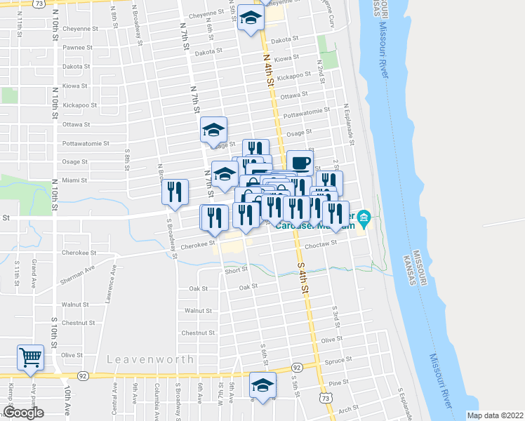 map of restaurants, bars, coffee shops, grocery stores, and more near 500 Delaware Street in Leavenworth