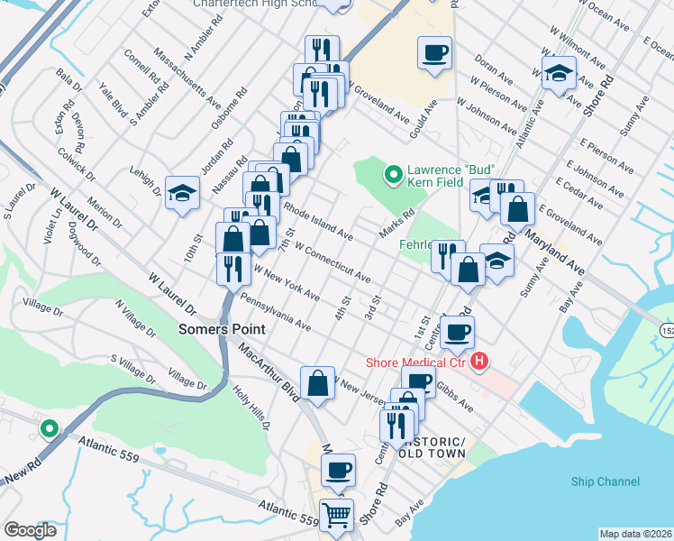 map of restaurants, bars, coffee shops, grocery stores, and more near 410 West Connecticut Avenue in Somers Point