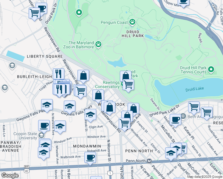 map of restaurants, bars, coffee shops, grocery stores, and more near 3320 Auchentoroly Terrace in Baltimore