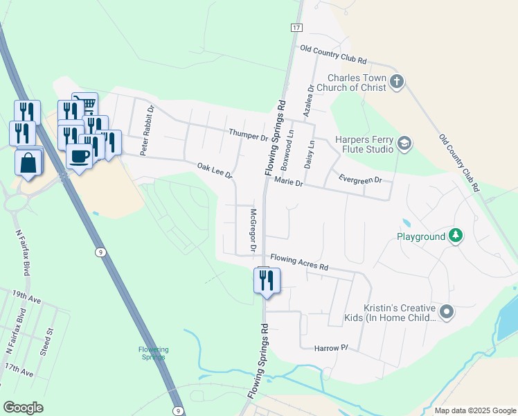 map of restaurants, bars, coffee shops, grocery stores, and more near 156 McGregor Drive in Ranson