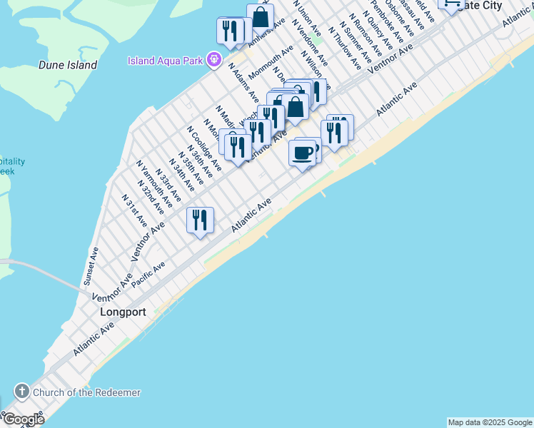 map of restaurants, bars, coffee shops, grocery stores, and more near 9705 Beach Avenue in Margate City