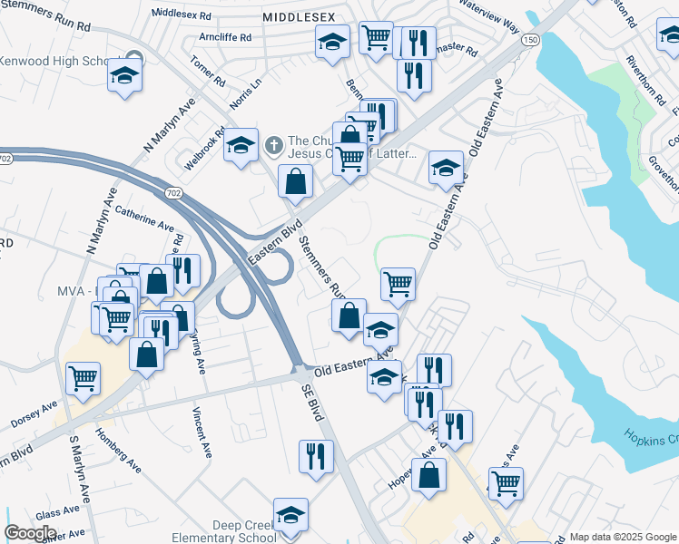 map of restaurants, bars, coffee shops, grocery stores, and more near 69 Stemmers Run Road in Essex
