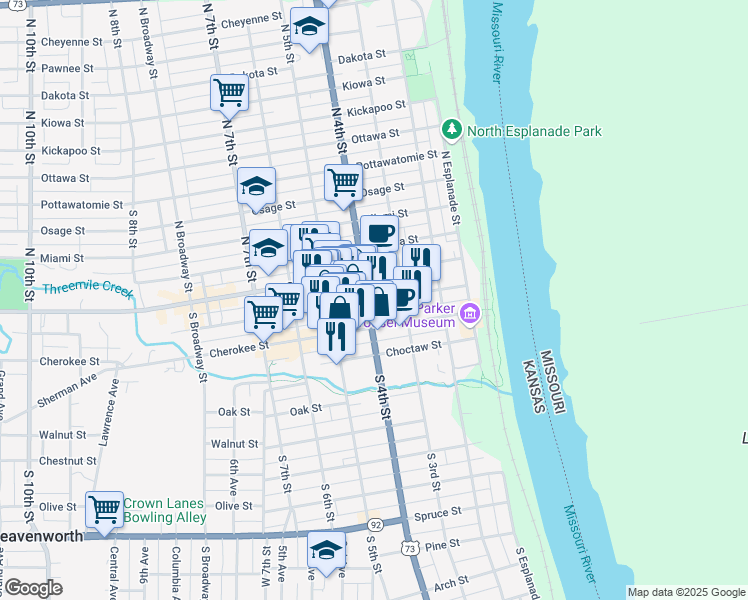map of restaurants, bars, coffee shops, grocery stores, and more near 328 Delaware Street in Leavenworth