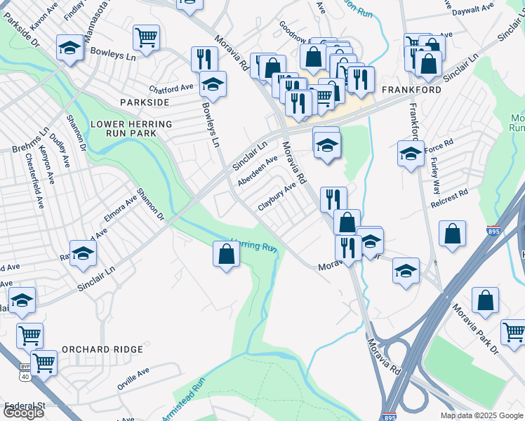 map of restaurants, bars, coffee shops, grocery stores, and more near 4811 Claybury Avenue in Baltimore