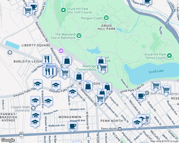 map of restaurants, bars, coffee shops, grocery stores, and more near 3320 Auchentoroly Terrace in Baltimore