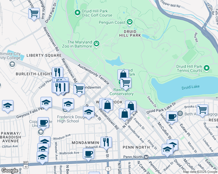 map of restaurants, bars, coffee shops, grocery stores, and more near 3322 Auchentoroly Terrace in Baltimore