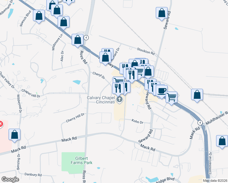 map of restaurants, bars, coffee shops, grocery stores, and more near 5901 Kay Drive in Fairfield