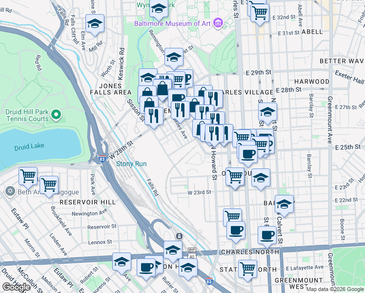 map of restaurants, bars, coffee shops, grocery stores, and more near Hampden Ave & W 26th St in Baltimore