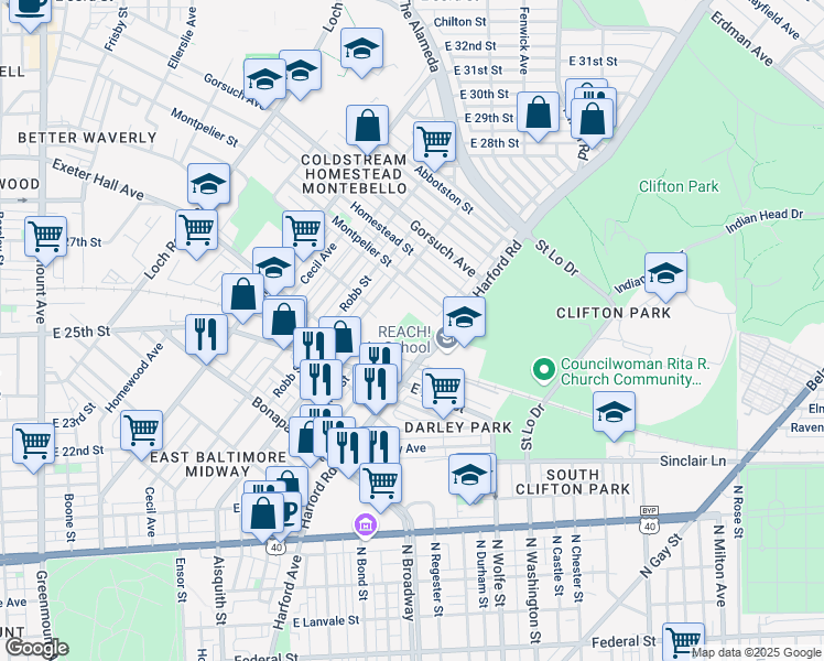 map of restaurants, bars, coffee shops, grocery stores, and more near 2506 Harford Road in Baltimore