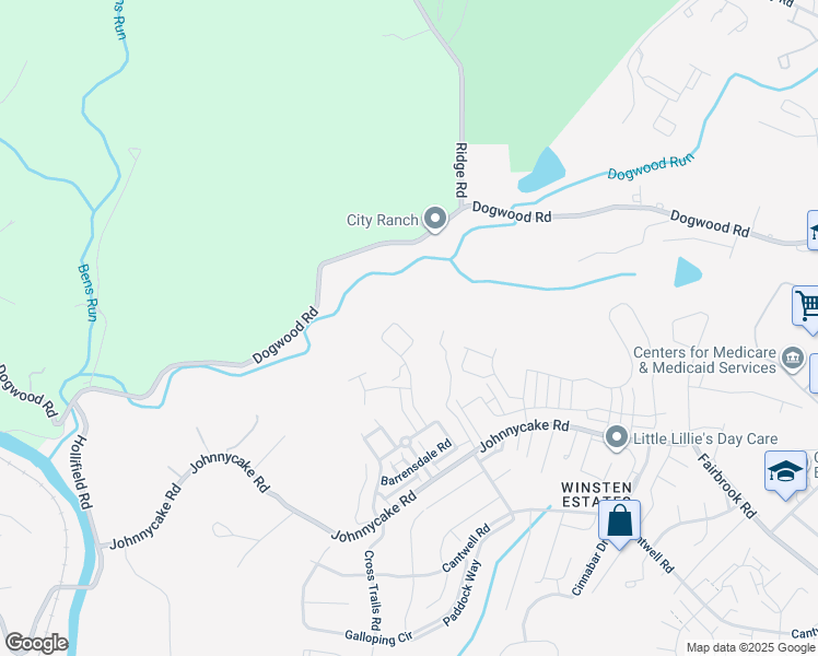 map of restaurants, bars, coffee shops, grocery stores, and more near 2407 Woodlands Road in Woodlawn