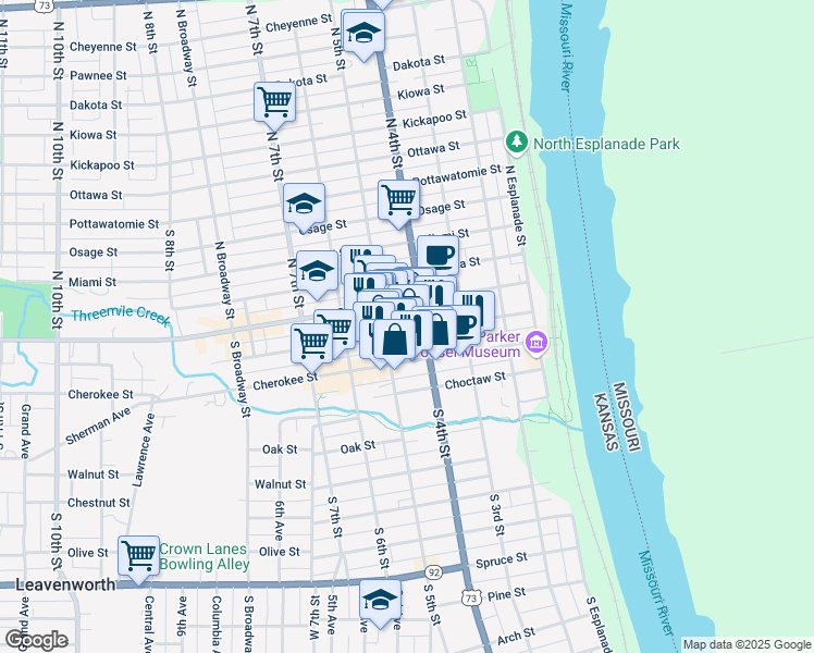 map of restaurants, bars, coffee shops, grocery stores, and more near 412 1/2 Delaware Street in Leavenworth