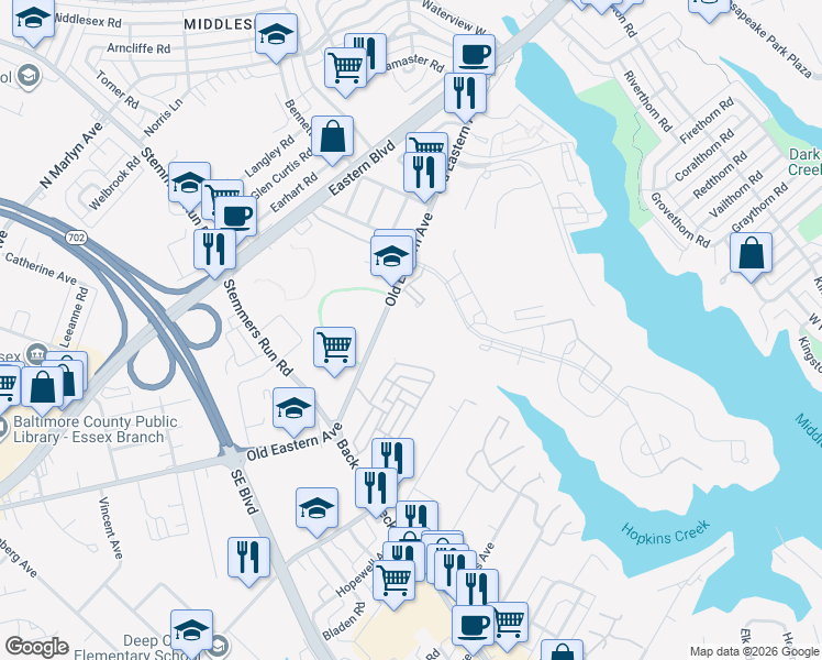 map of restaurants, bars, coffee shops, grocery stores, and more near 245 Eastern Boulevard in Baltimore