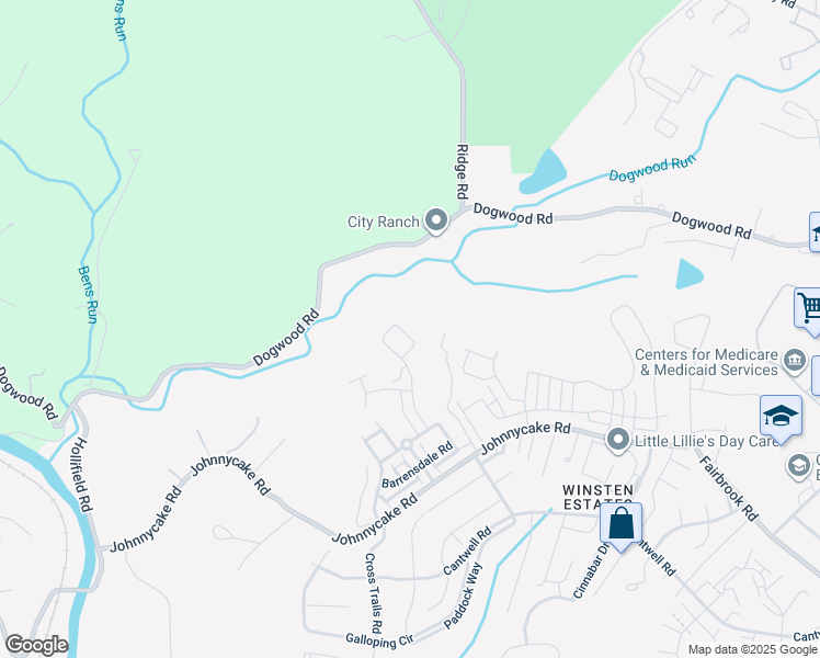 map of restaurants, bars, coffee shops, grocery stores, and more near 2407 Woodlands Road in Woodlawn