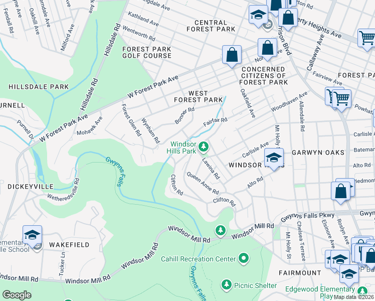 map of restaurants, bars, coffee shops, grocery stores, and more near 4500 Westchester Road in Baltimore