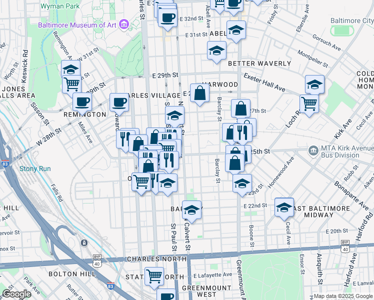 map of restaurants, bars, coffee shops, grocery stores, and more near 206 East 25th Street in Baltimore