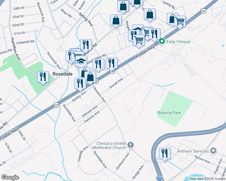 map of restaurants, bars, coffee shops, grocery stores, and more near 8009 Haas Lane in Rosedale