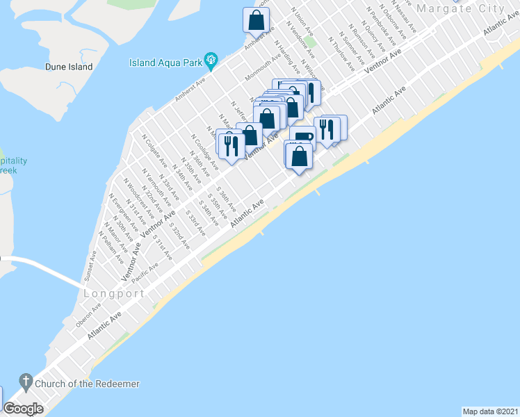 map of restaurants, bars, coffee shops, grocery stores, and more near 9706 Atlantic Avenue in Margate City