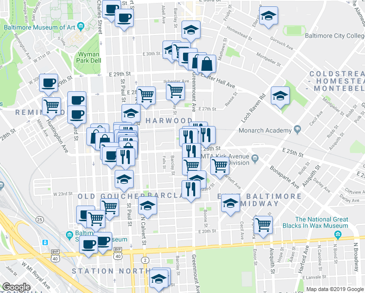 map of restaurants, bars, coffee shops, grocery stores, and more near 420 East 25th Street in Baltimore