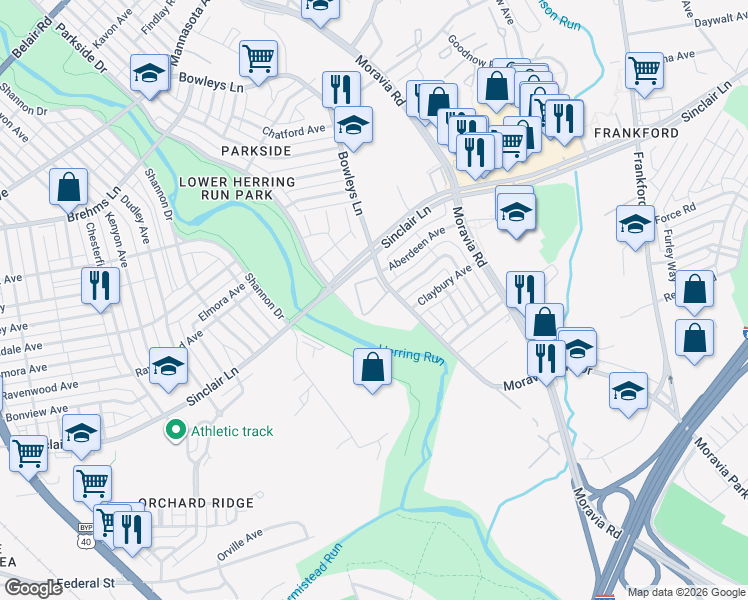 map of restaurants, bars, coffee shops, grocery stores, and more near 5515 Bowleys Lane in Baltimore