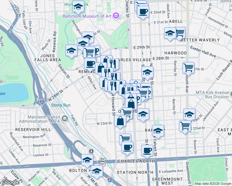map of restaurants, bars, coffee shops, grocery stores, and more near 2507 North Howard Street in Baltimore