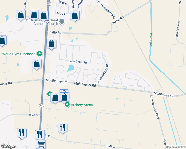 map of restaurants, bars, coffee shops, grocery stores, and more near 5062 Queenswood Court in Butler County