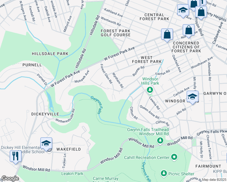 map of restaurants, bars, coffee shops, grocery stores, and more near 2871 Forest Glen Road in Baltimore